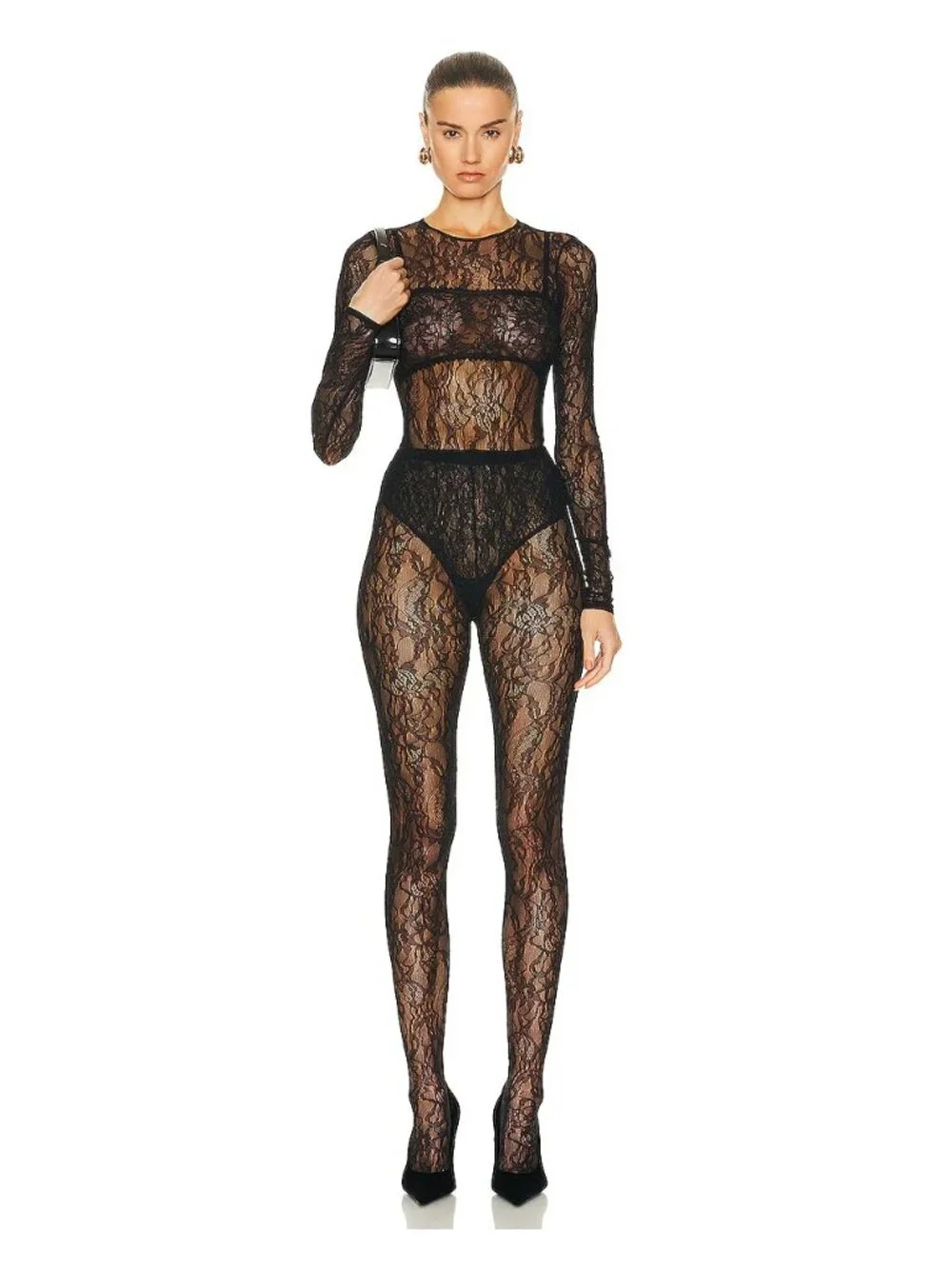 WARDROBE.NYC Lace Tights in Black